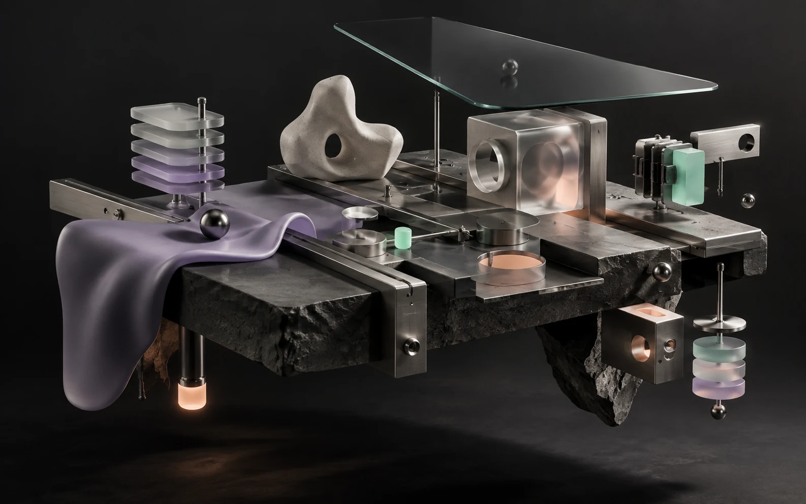 Editorial 3D artwork of an impossible maker workbench